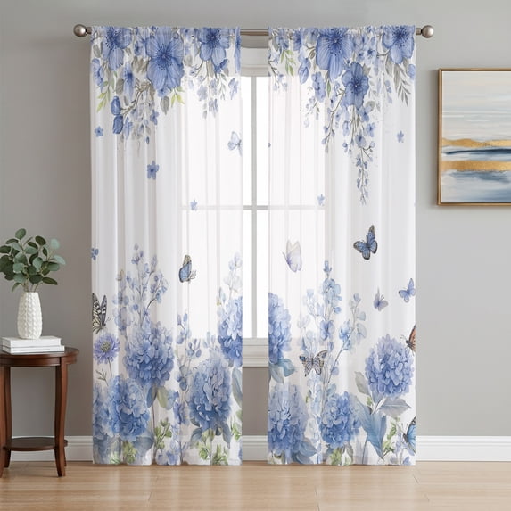 Blue Hydrangea Sheer Curtains 72 Inches Long, Farm Florals Butterflies Botanical Flowers Light Filtering Window Curtains for Living Room, Rod Pocket Voile Sheer Curtain Drapes, 52"W x 72"L, 2 Panels
