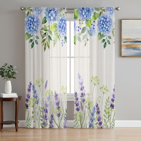 Blue Hydrangea Sheer Curtains 84 Inch Length 2 Panels Set, Farmhouse Country Wild Flowers Beige Voile Window Treatment Rod Pocket Curtains Sheers Drapes for Bedroom/Living Room/Kitchen 52"x84"x2