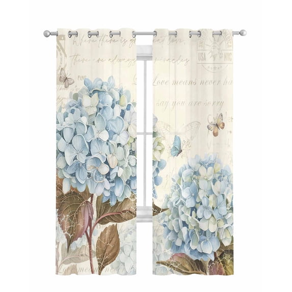 Blue Hydrangea Sheer Curtains 84 Inch Length 2 Panels Set for Living Room/Bedroom, Spring Floral Leaves Butterfly Vintage Beige Kitchen Curtains Grommet Curtains Window Treatments 52"x84"x2