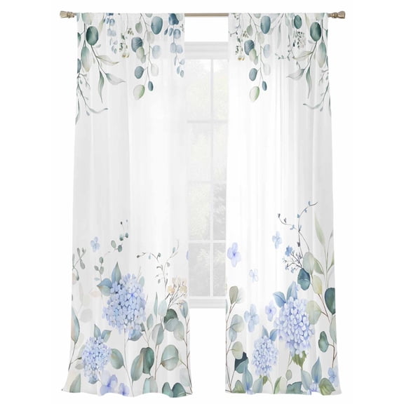 Blue Hydrangea Sheer Curtains for Living Room Bedroom, Country Eucalyptus Leaf Floral Light Filtering Sheer Curtain Rod Pocket Voile Window Treaments Drapes, 52 x 96 Inches
