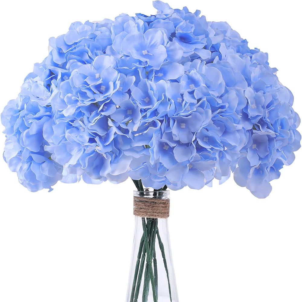 TITOUMI Blue Hydrangea Silk Flowers Heads Pack of 10 Full Hydrangea Flowers Artificial with