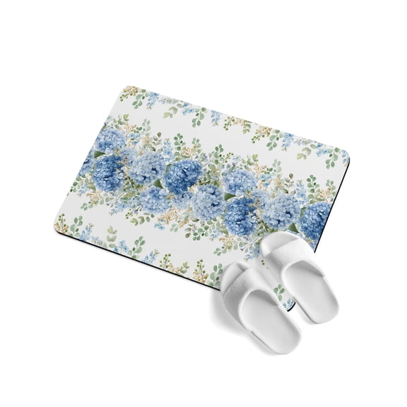 Blue Hydrangea Soft Diatomaceous Earth Mat, Rustic Summer Blue Floral Leaf Absorbent Bath Mat Non Slip Rubber Backed Quick Dry Doormat Fit Under Door for Bathroom Kitchen 24"x36"
