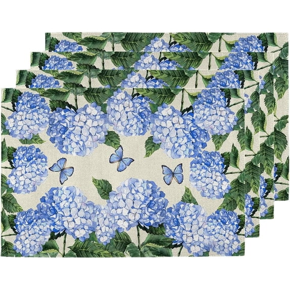Blue Hydrangea Spring Placemats Set of 4, 12x18 Inch Floral Summer Seasonal Holiday Farmhouse Table Mats for Party Kitchen Dining Decoration