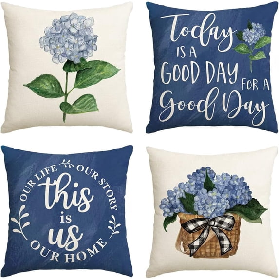 Blue Hydrangea Spring Summer Throw Pillow Covers, 20 x 20 Inch Today is A Good Day Dark Blue Cushion Case Decoration for Sofa Couch Set of 4