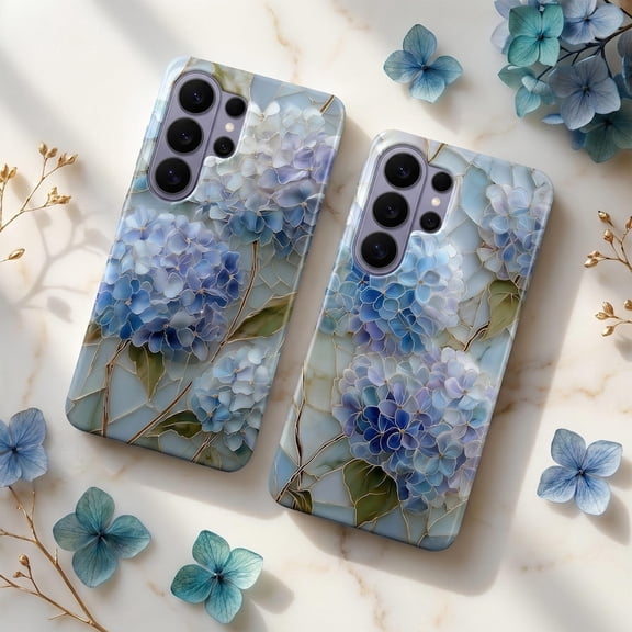 Blue Hydrangea Stained Glass Tough Phone Case, Floral Mosaic Art Protective Matte Cover Compatible with iPhone 13 Pro Max