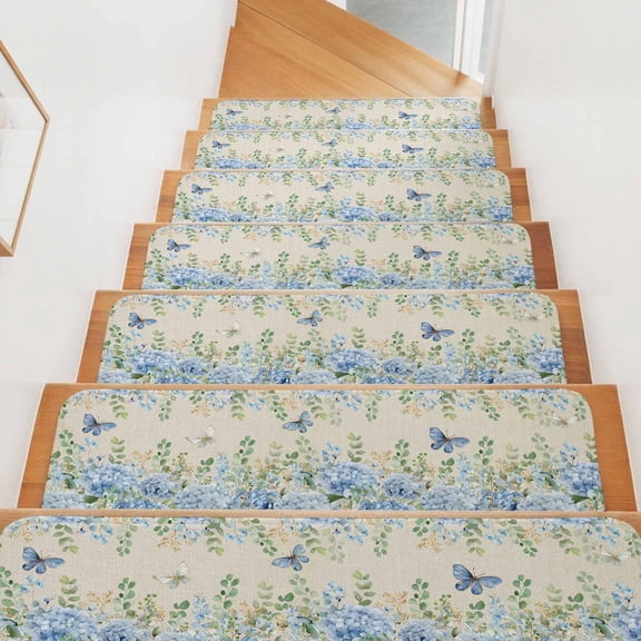 Blue Hydrangea Stair Treads Non Slip for Steps Rustic Summer Blue Floral Butterfly Linen Texture 4 Pcs Reusable Adhesive Stair Runner Mats for Dogs Elders Carpet Treads Rugs for Staircase 8x30 In