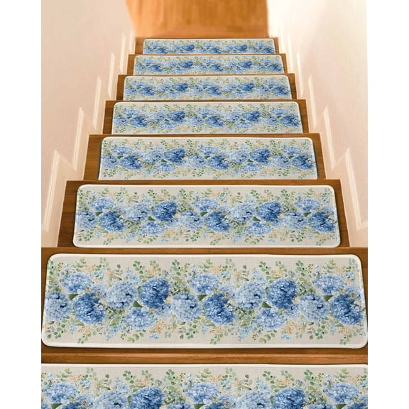Blue Hydrangea Stair Treads Rustic Summer Blue Floral Leaf Indoor Non Slip Peel and Stick Stair Treads for Wooden Steps 10 PCS, Soft Adhesive Staircase Mats Runner Rugs 8"x30"