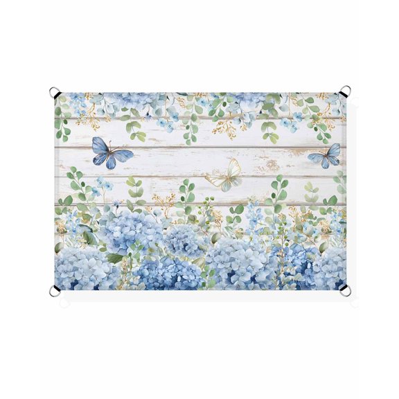 Blue Hydrangea Sun Shade Sail 6.5'X10' Rustic Summer Blue Floral Butterfly Wood Grain UV Block Outdoor Sail Shades Breathable Waterproof Rectangular Sunshade for Patio Garden Pool Pergola Porch