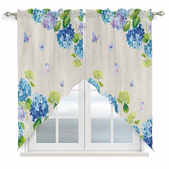 Blue Hydrangea Swag Curtains for Kitchen/Bedroom/Living Room, Linen Texture Butterfly Spring Floral Scalloped Curtains 63 Inch Long, Window Swag Topper Curtains Valances 2 Panels Set 36"x63"