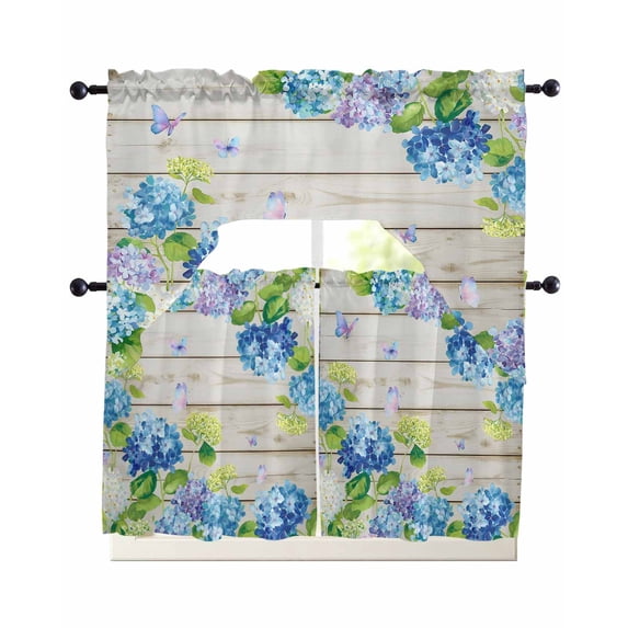 Blue Hydrangea Swag Curtains for Living Room/Bedroom Windows, Rustic Wooden Butterfly Spring Floral Kitchen Curtains and Valances Set 36 Inch Length, Light Filtering Swags Valance Curtain Panels