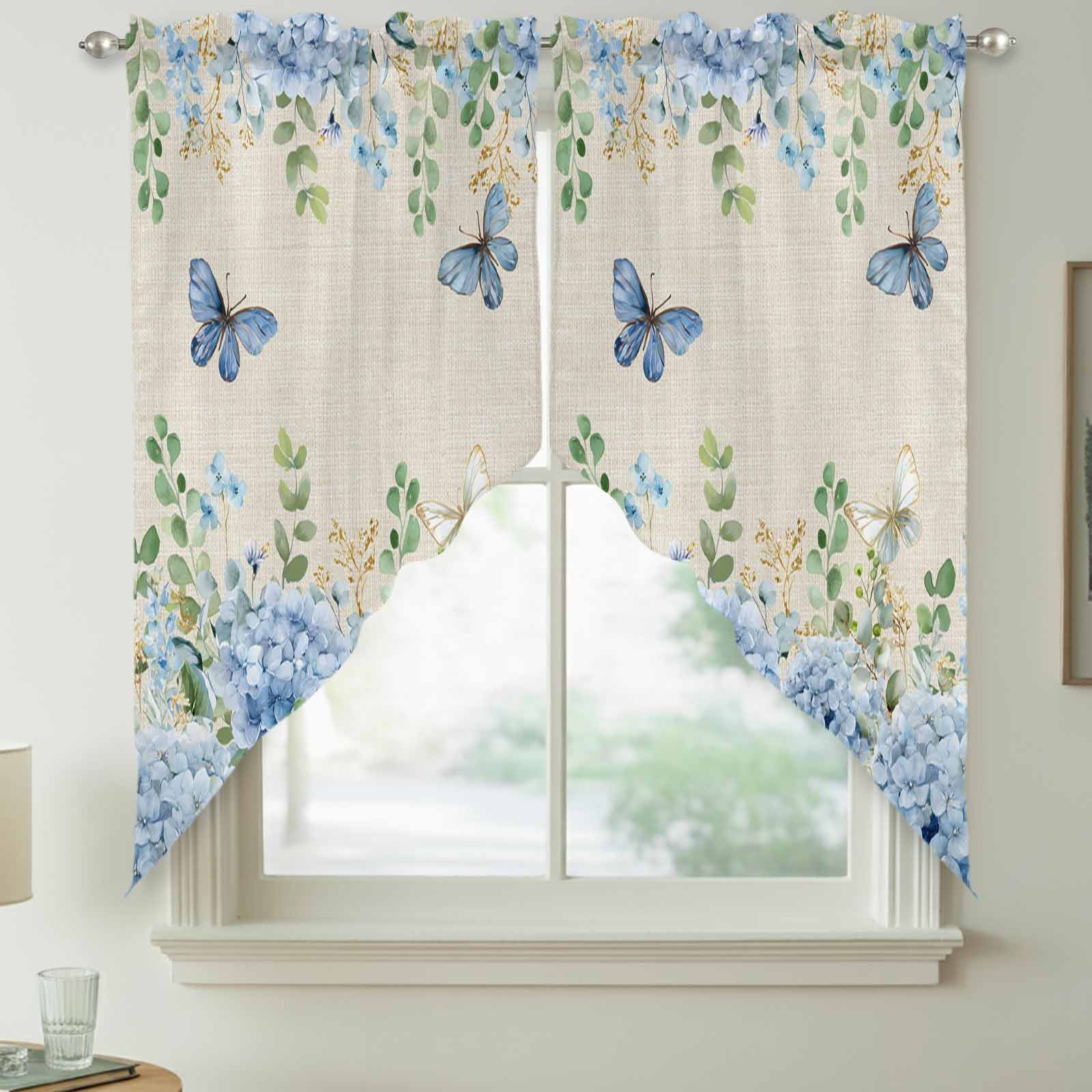 Blue Hydrangea Swag Kitchen Curtain Valances, Rustic Summer Blue Floral Butterfly Linen Texture Rod Pocket Curtains Window Treatment Decor Valances for Bedroom Bathroom, 2 Panels 36 x 36 Inch