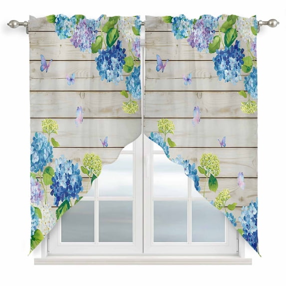 Blue Hydrangea Swag Valances for Windows 2 Pack, Kitchen Window Curtains 36 Inch Length, Rustic Wooden Butterfly Spring Floral Privacy Swag Curtains for Living Room/Bathroom with Rod Pocket 36"x36"