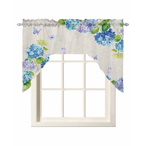 Blue Hydrangea Swag Valances for Windows, Small Curtains Drapes, Linen Texture Butterfly Spring Floral Kitchen Window Curtains Over Sink Window Treatment Valance for Bedroom/Bathroom 56"x36"