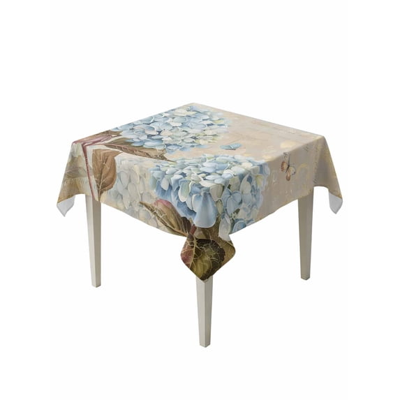 Blue Hydrangea Table Cloth, Waterproof Tablecloth for Square Tables, Flowers Leaves Butterfly Retro Khaki Reusable Washable Fabric Table Cover for Restaurant Kitchen Dining Tables 54"x54"
