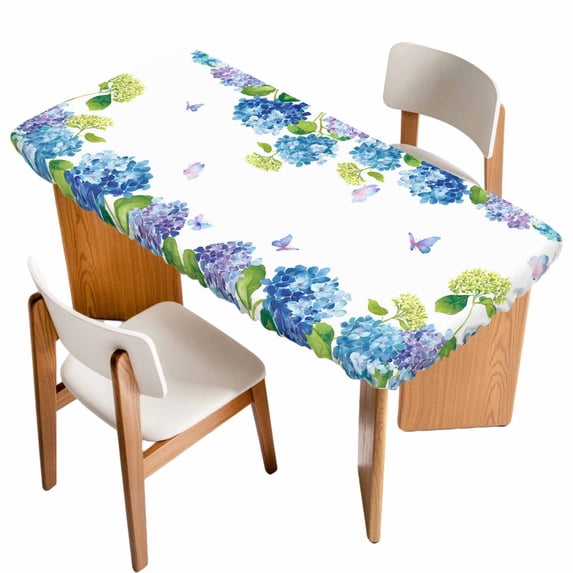 Blue Hydrangea Table Cloths for 3 Foot Rectangle Tables, Farmhouse Butterfly Spring Floral Patio Waterproof Elastic Fitted Tablecloths, Washable Rectangular Table Cover for Camping