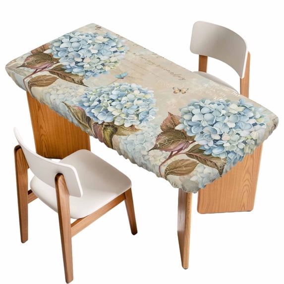 Blue Hydrangea Table Cloths for 5 Foot Rectangle Tables, Flowers Leaves Butterfly Retro Khaki Patio Waterproof Elastic Fitted Tablecloths, Washable Rectangular Table Cover for Camping
