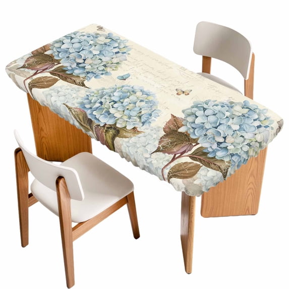 Blue Hydrangea Table Cloths for 5 Foot Rectangle Tables, Spring Floral Leaves Butterfly Vintage Beige Patio Waterproof Elastic Fitted Tablecloths, Washable Rectangular Table Cover for Camping