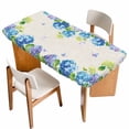 thumbnail image 1 of Blue Hydrangea Table Cloths for 6 Foot Rectangle Tables, Linen Texture Butterfly Spring Floral Patio Waterproof Elastic Fitted Tablecloths, Washable Rectangular Table Cover for Camping, 1 of 8