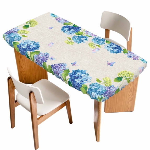 Blue Hydrangea Table Cloths for 6 Foot Rectangle Tables, Linen Texture Butterfly Spring Floral Patio Waterproof Elastic Fitted Tablecloths, Washable Rectangular Table Cover for Camping