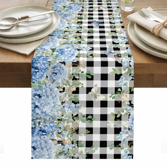 Blue Hydrangea Table Runner Spring Summer Eucalyptus Black Checkered Tablerunners 18 x 72 Inch, Table Decorations Tabletop Scarf for Summer Gathering Holiday Farmhouse Kitchen Dining Decor