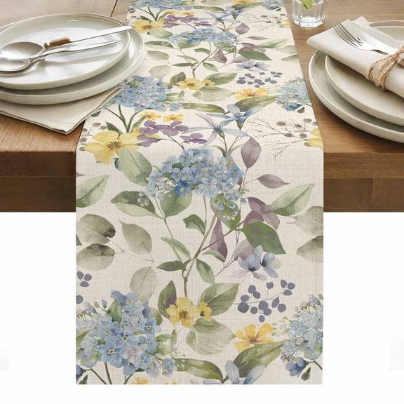 Blue Hydrangea Table Runner Watercolor Spring Yellow Floral Green Leaf Linen Texture Table Runners Dresser Scarves Holiday Kitchen Dining Table Decoration for Home Party Indoor 13x90 Inch