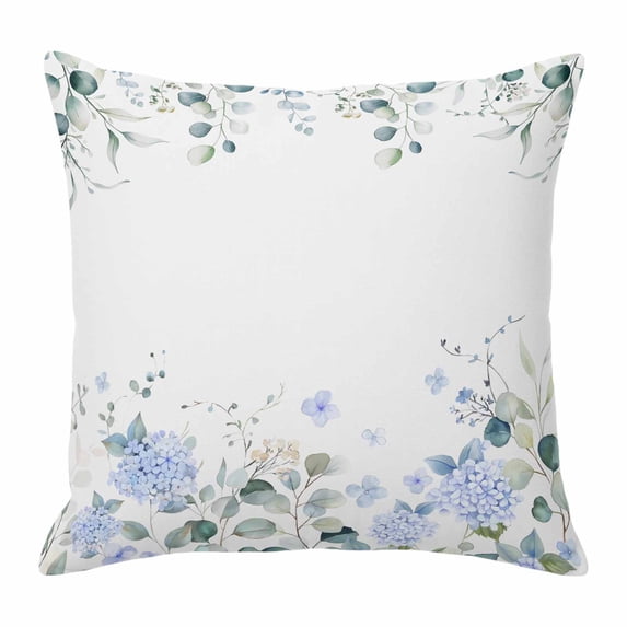 Blue Hydrangea Throw Pillow Cover Country Eucalyptus Leaf Floral Cotton Linen Cushion Cover Throw Pillow Case with Invisible Zipper for Couch Sofa Bed Chair Car 24x24 Inch