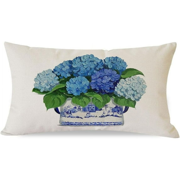 Blue Hydrangea Throw Pillow Covers 12x20 Inch Chinoiserie Ginger Jar Vintage Floral Outdoor Grandmillenial Lumbar Decorations Decorative Throw Pillows Cases for Home Living Room Couch Decor