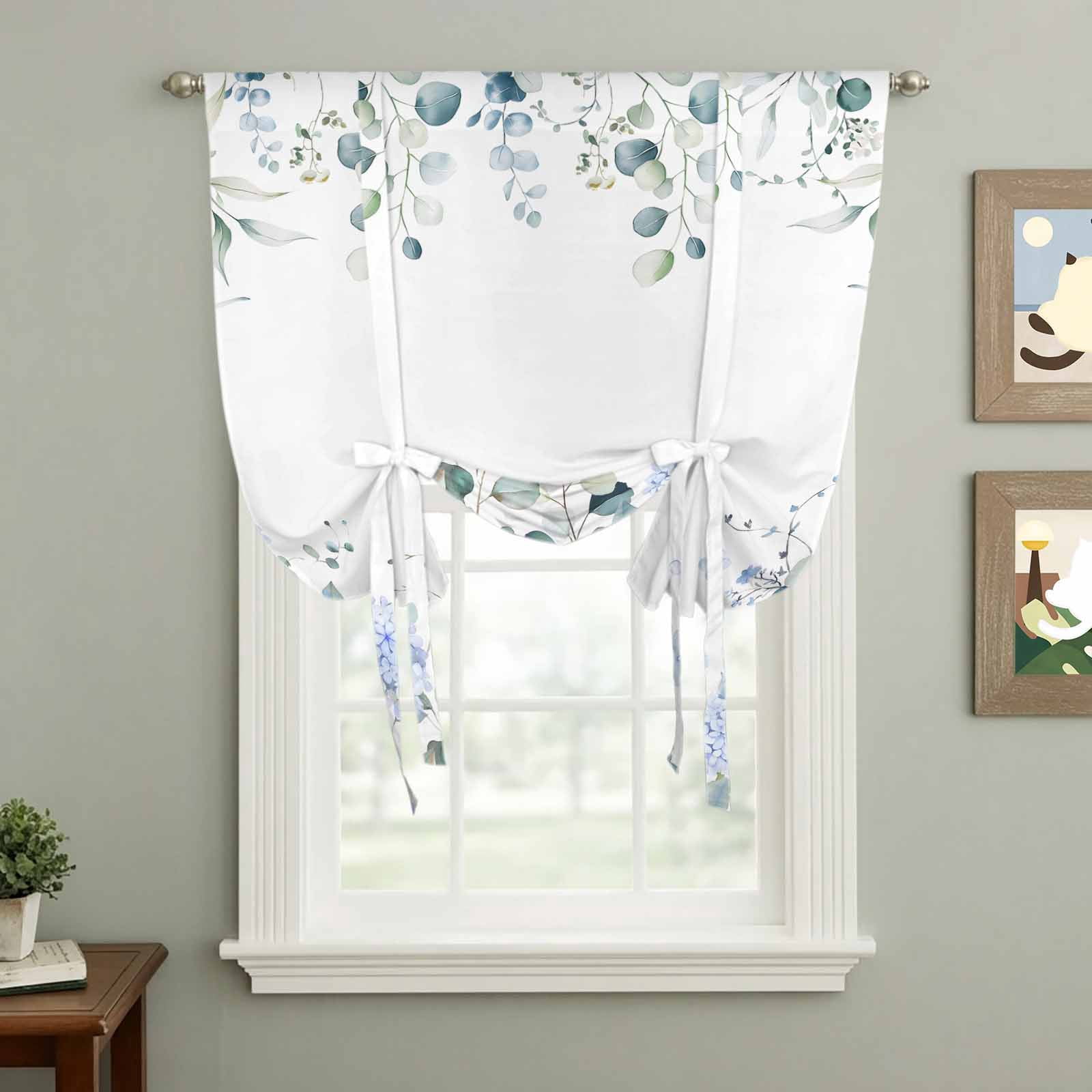 Blue Hydrangea Tie Up Curtain 54 Inches Long, Country Eucalyptus Leaf ...
