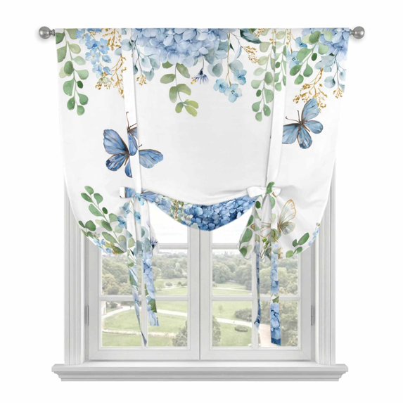 Blue Hydrangea Tie Up Curtains for Kitchen Windows,Adjustable Rod Pocket Valance 54 Inch Long, Spring Summer Eucalyptus Leaves Butterfly Window Treatment Balloon Roman Blind Shade, 42" x 54"