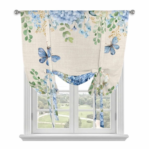 Blue Hydrangea Tie Up Curtains for Kitchen Windows,Adjustable Rod Pocket Valance 54 Inch Long, Spring Summer Eucalyptus Vintage Beige Window Treatment Balloon Roman Blind Shade, 42" x 54"