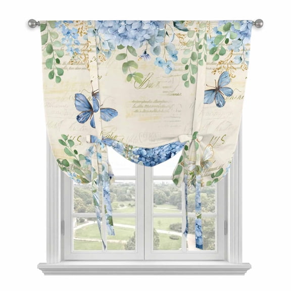 Blue Hydrangea Tie Up Curtains for Small Windows,Adjustable Rod Pocket Valance 45 Inch Short, Spring Summer Eucalyptus Farmhouse Retro Window Treatment Balloon Roman Blind Shade, 34" x 45"