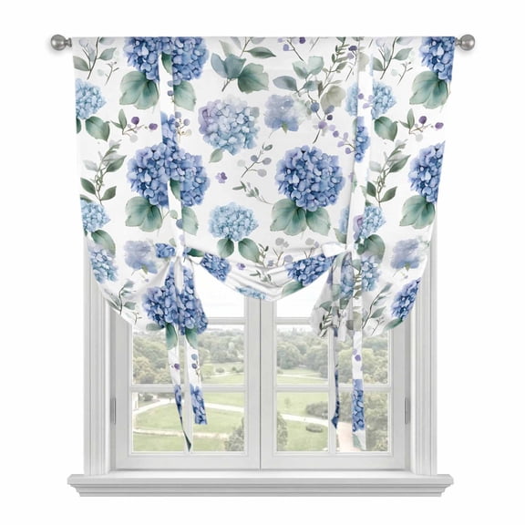 Blue Hydrangea Tie Up Curtains Window Shades, Eucalyptus Leaves Watercolor Plant Farm Rod Pocket Tie Up Window Shade Adjustable Balloon Curtain Shade for Blinds Kitchen Bathroom, 1 Panel, 52"x63"
