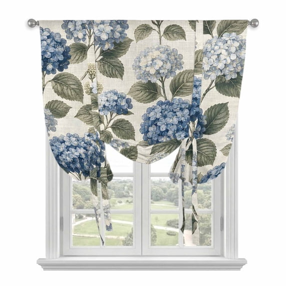 Blue Hydrangea Tie Up Curtains for Windows, Adjustable Balloon Window Shades, Retro Botanical Floral Farmhouse Kitchen Window Treatments Farmhouse Short Curtains with Rod Pocket 42"x45"