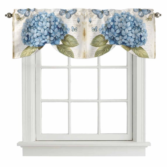 Blue Hydrangea Tie Up Valance Curtains for Windows, Kitchen Curtains Window Shades, Spring Vintage Botanical Butterfly Light Filtering Roman Curtain Valances for Bedroom/Bathroom/Cafe 60"x18"