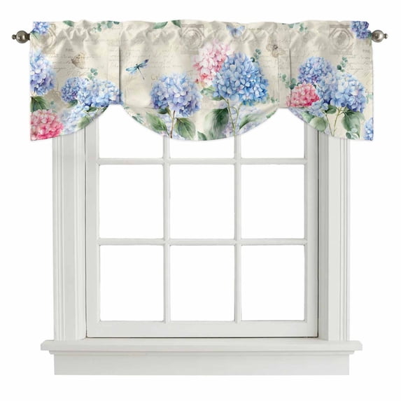 Blue Hydrangea Tie Up Valance Curtains for Windows, Kitchen Curtains Window Treatments, Pink Flowers Spring Botanical Country Plants Short Window Shades Valances for Bedroom Bathroom Cafe 42"x12"