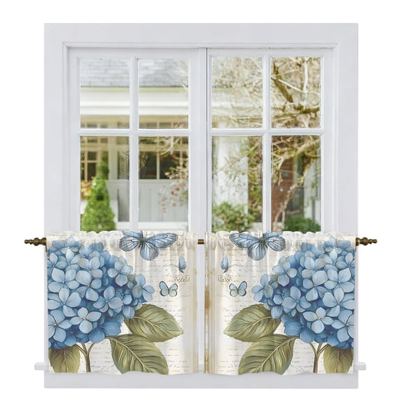 Blue Hydrangea Tier Curtains, Spring Vintage Botanical Butterfly Light Filtering Kitchen Curtains, 2Pcs Rod Pocket Half Window Treatments Panels for Sink Cafe Cabinet Camper 27.5x36 Inches