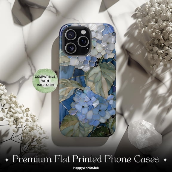 Blue Hydrangea Tough Phone Case, Floral Stained Glass PRINTED Design, Bridal Phone Case, Protective Cover for iPhone 17 16 15 14 13