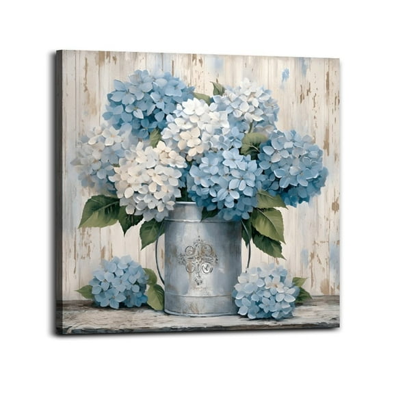 Blue Hydrangea Wall Art Farmhouse Poster Wrapped Wooden Frame Wall Decor,,Canvas Wall Art for Living Room,Bedroom,Office,Ready to Hang