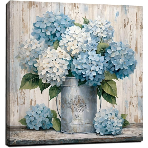 Blue Hydrangea Wall Art Farmhouse Wall Decor Flower Canvas Print Artwork for Bathroom Bedroom Living Room Dining Room