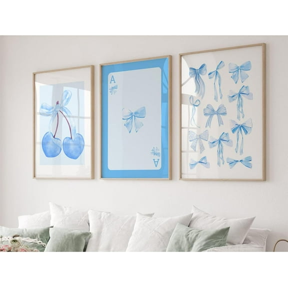 Blue Hydrangea Wall Art Watercolor Bow Canvas Wall Decor Floral Wall Art Coquette Aesthetic Poster Minimalist Flower Pictures Blue Botanical Prints for Living Room Bedroom 12x16x3 Inch Ready to Hang