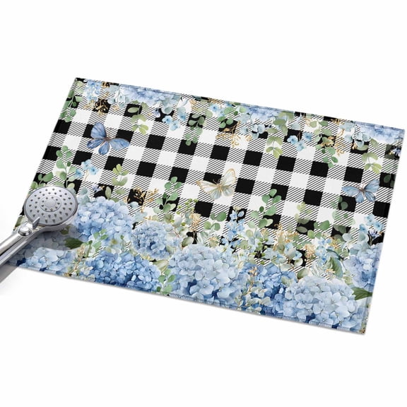 Blue Hydrangea Washable Area Rug 2 x 3 ft Rustic Summer Blue Floral Butterfly Black Plaid, Soft Non Slip Rugs Stain Repellent Indoor Felt Carpet for Living Dining Room Bedroom Home Office