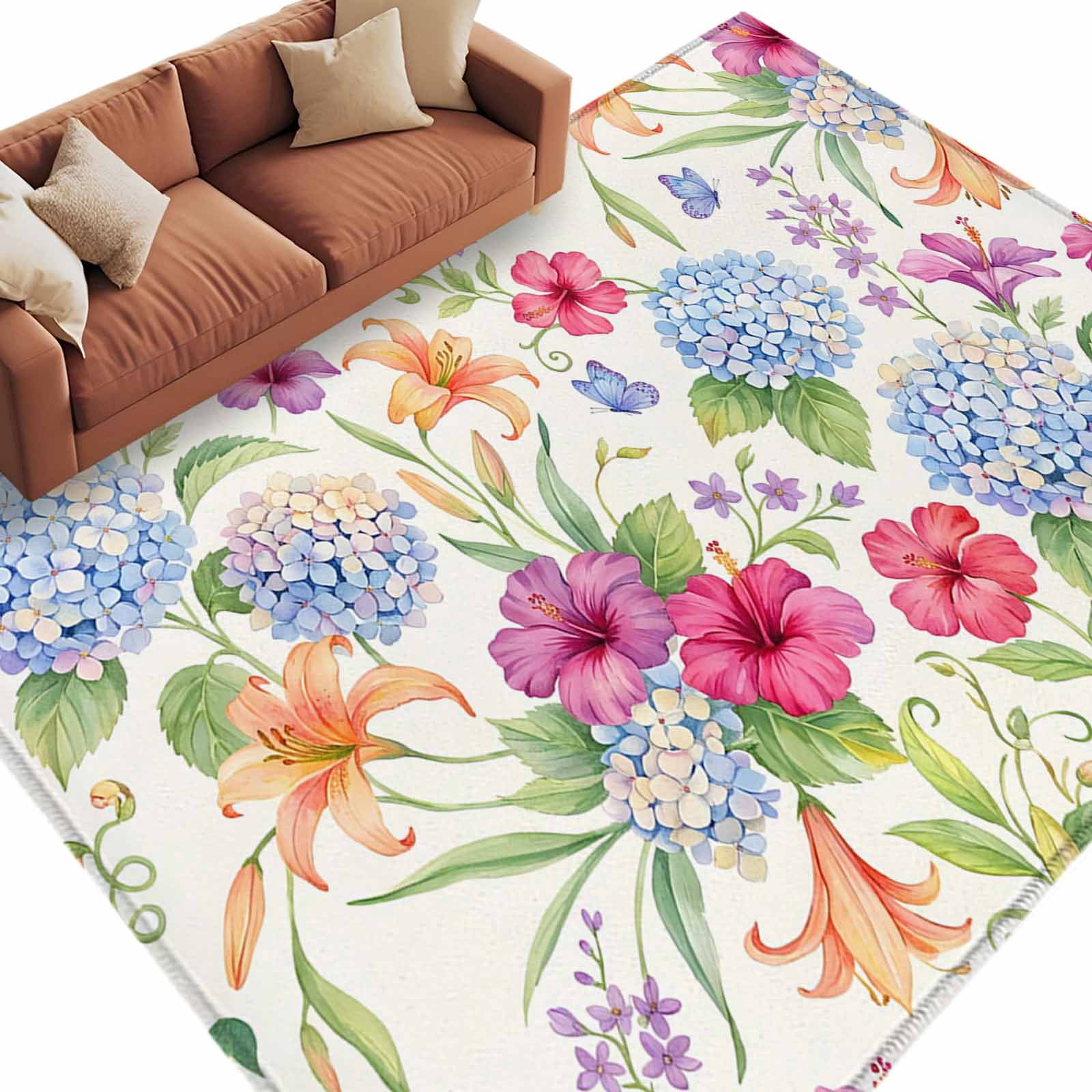 Blue Hydrangea Washable Living Room Rugs 5'x8', Orange Lily Red Purple ...