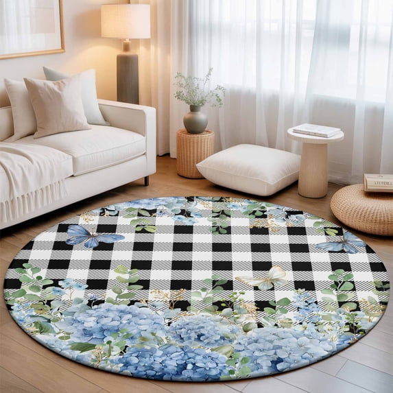 Blue Hydrangea Washable Round Area Rug 4 ft, Rustic Summer Blue Floral ...