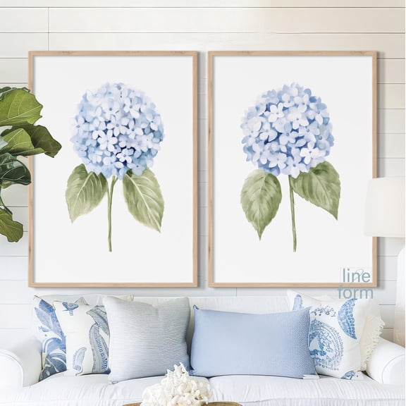 Blue Hydrangea Watercolor Art Print Hamptons Wall Decor Home Decor Office Wall Art Set 2