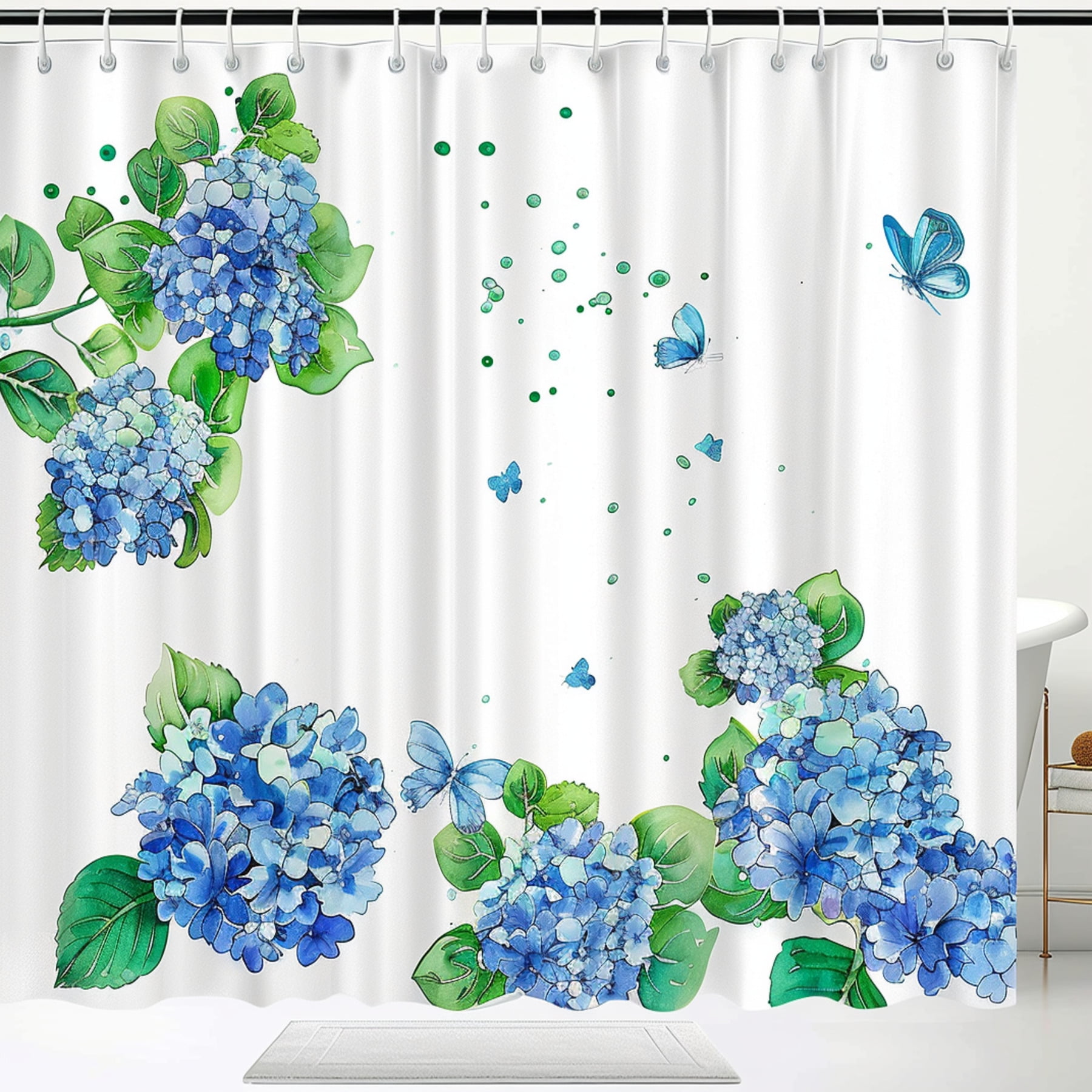 Blue Hydrangea Shower Curtain Set - 4-Piece Bathroom Decor With Mat, U-Shaped Rug, Toilet Cover & 12 Hooks