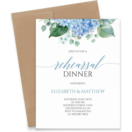 Blue Hydrangea Wedding Rehearsal Dinner Invitations With Envelopes, Floral Rehearsal Dinner Invitations , Classy Rehearsal Dinner Invites, Your choice of Quantity and Envelope Color