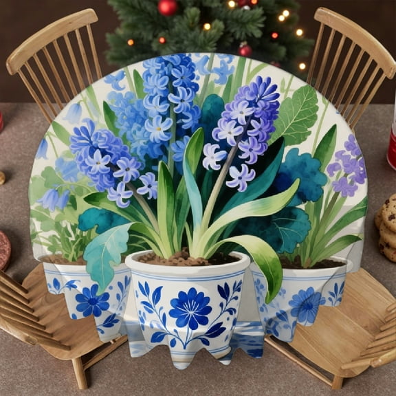 Blue Hydrangea Wildflower tablecloths for round tables, - Polyester Tablecloths Family Round Tablecloth, Cafe, picnic,60x60 Inch