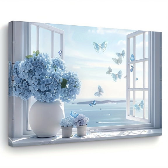 Blue Hydrangea Window Scene Canvas Wall Art Framed – Coastal Butterfly Decor for Living Room Bedroom Office