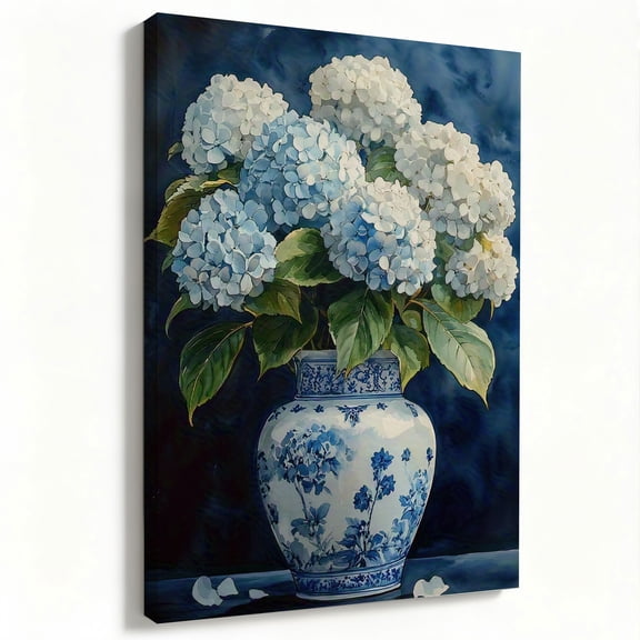 Blue Hydrangea in Blue and White Porcelain Vase Canvas Wall Art Framed Print
