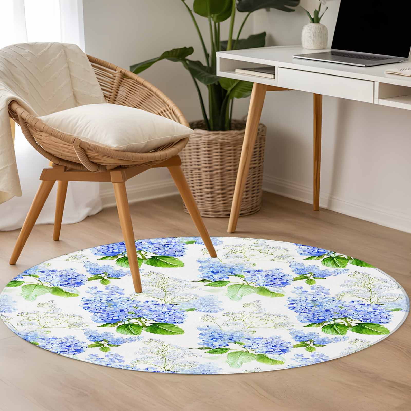Blue Hydrangeas 3.3ft Round Rug for Bedroom Reading Corner, Spring ...